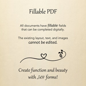 K&ouml;nnte beinhalten: Ein Textbild mit den Worten "Fillable PDF" in gro&szlig;er Schrift. Der Text darunter erkl&auml;rt, dass alle Dokumente &uuml;ber ausf&uuml;llbare Felder verf&uuml;gen, die digital ausgef&uuml;llt werden k&ouml;nnen. Das vorhandene Layout, der Text und die Bilder k&ouml;nnen nicht bearbeitet werden. Der Text endet mit "Erstellen Sie Funktion und Sch&ouml;nheit mit IAH-Formularen!"