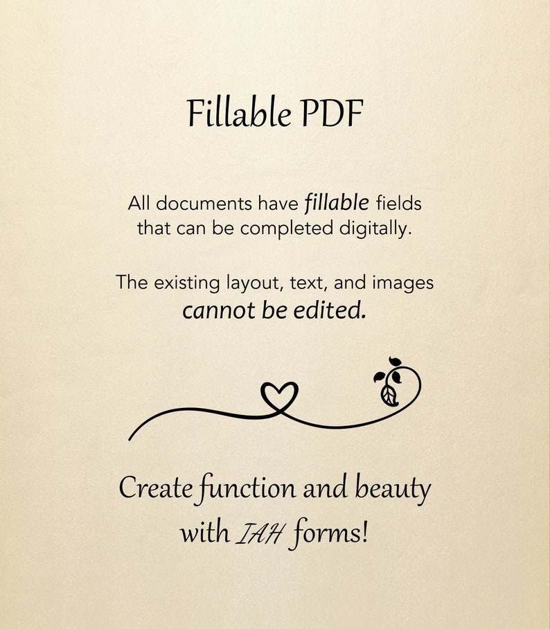 K&ouml;nnte beinhalten: Ein Textbild mit den Worten "Fillable PDF" in gro&szlig;er Schrift. Der Text darunter erkl&auml;rt, dass alle Dokumente &uuml;ber ausf&uuml;llbare Felder verf&uuml;gen, die digital ausgef&uuml;llt werden k&ouml;nnen. Das vorhandene Layout, der Text und die Bilder k&ouml;nnen nicht bearbeitet werden. Der Text endet mit "Erstellen Sie Funktion und Sch&ouml;nheit mit IAH-Formularen!"