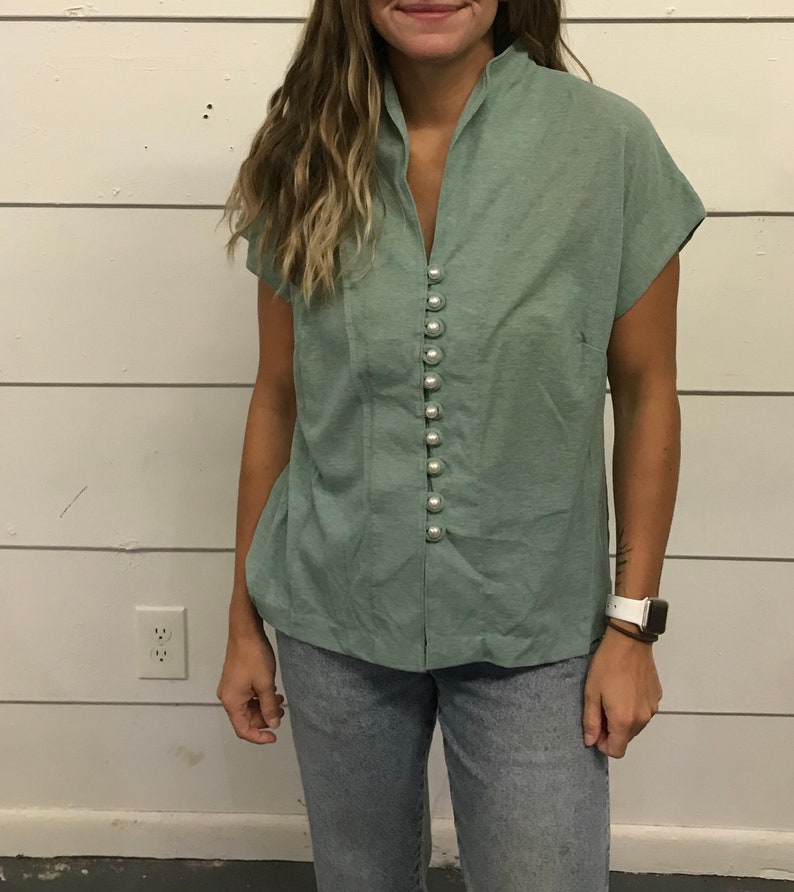 Vintage Asian Style Sage Green Faux Pearl Button up Blouse Women\u2019s SML