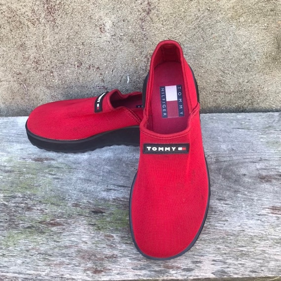 Vintage 90s Tommy Hilfiger Red Slip -On Sock Snea… - image 1