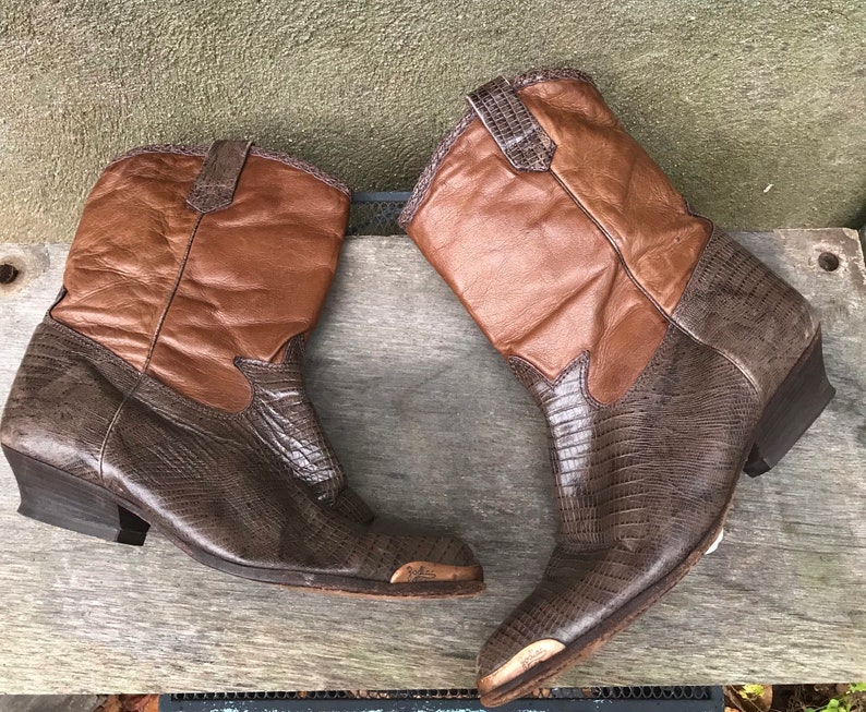 Calf Cowboy Boots Made In USA Vintage 80s Zodiac Two Tone Brown Leather Mid Women\u2019s 7M
