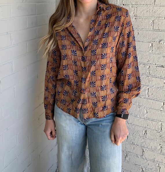 Vintage 70s-80s Weathervane Petites Long Sleeve Collared Geometric  