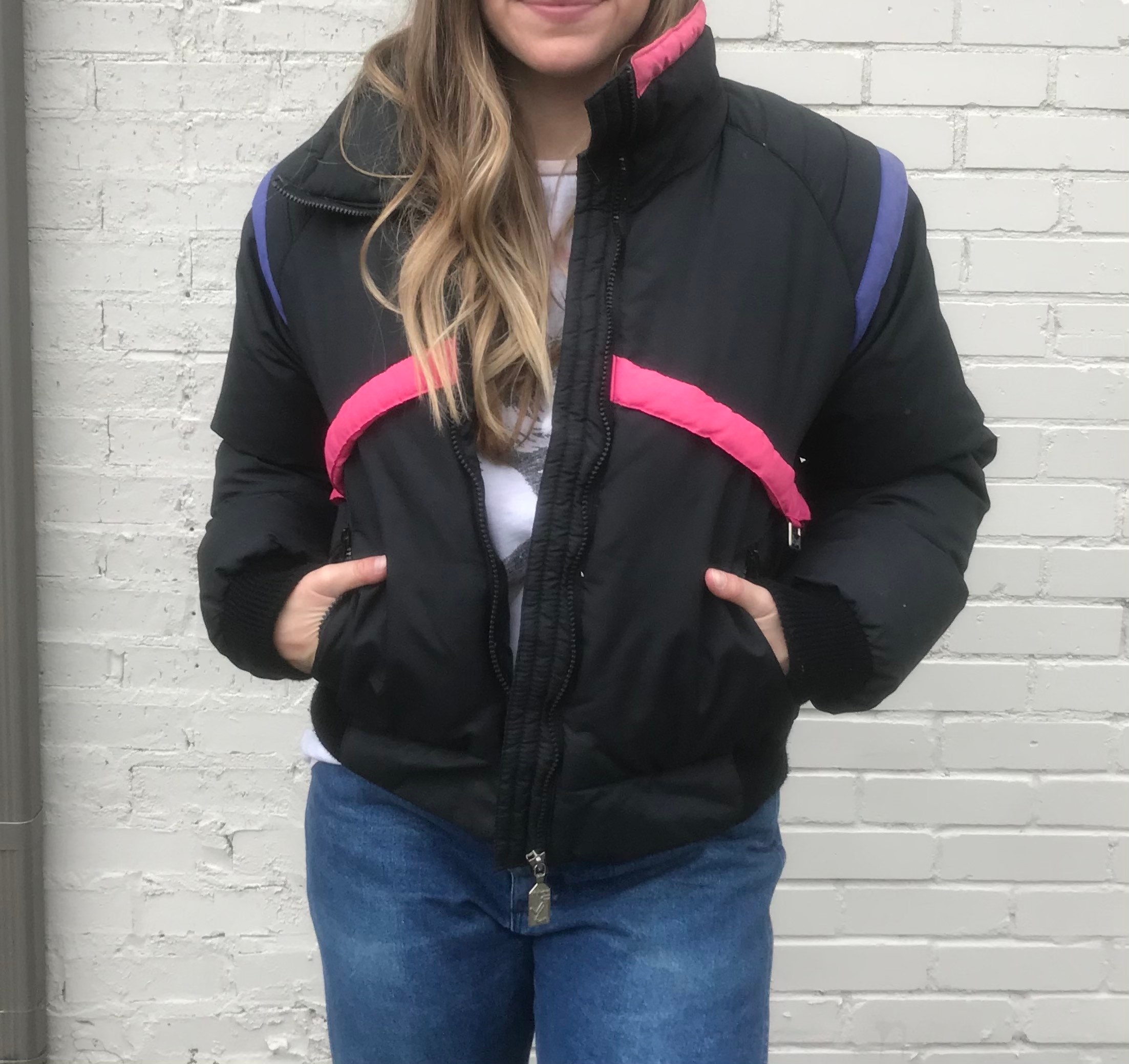 Vintage 90s RetroYT Sports Black Pink Purple Striped Cropped Puffer Down Ski jacket|| Women's S/M