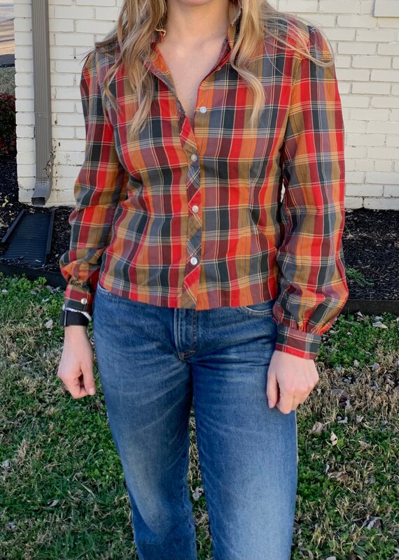 Vintage Long Sleeve Plaid Button Front 