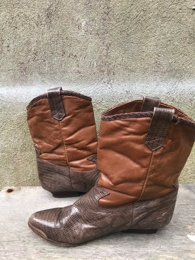 Calf Cowboy Boots Made In USA Vintage 80s Zodiac Two Tone Brown Leather Mid Women\u2019s 7M