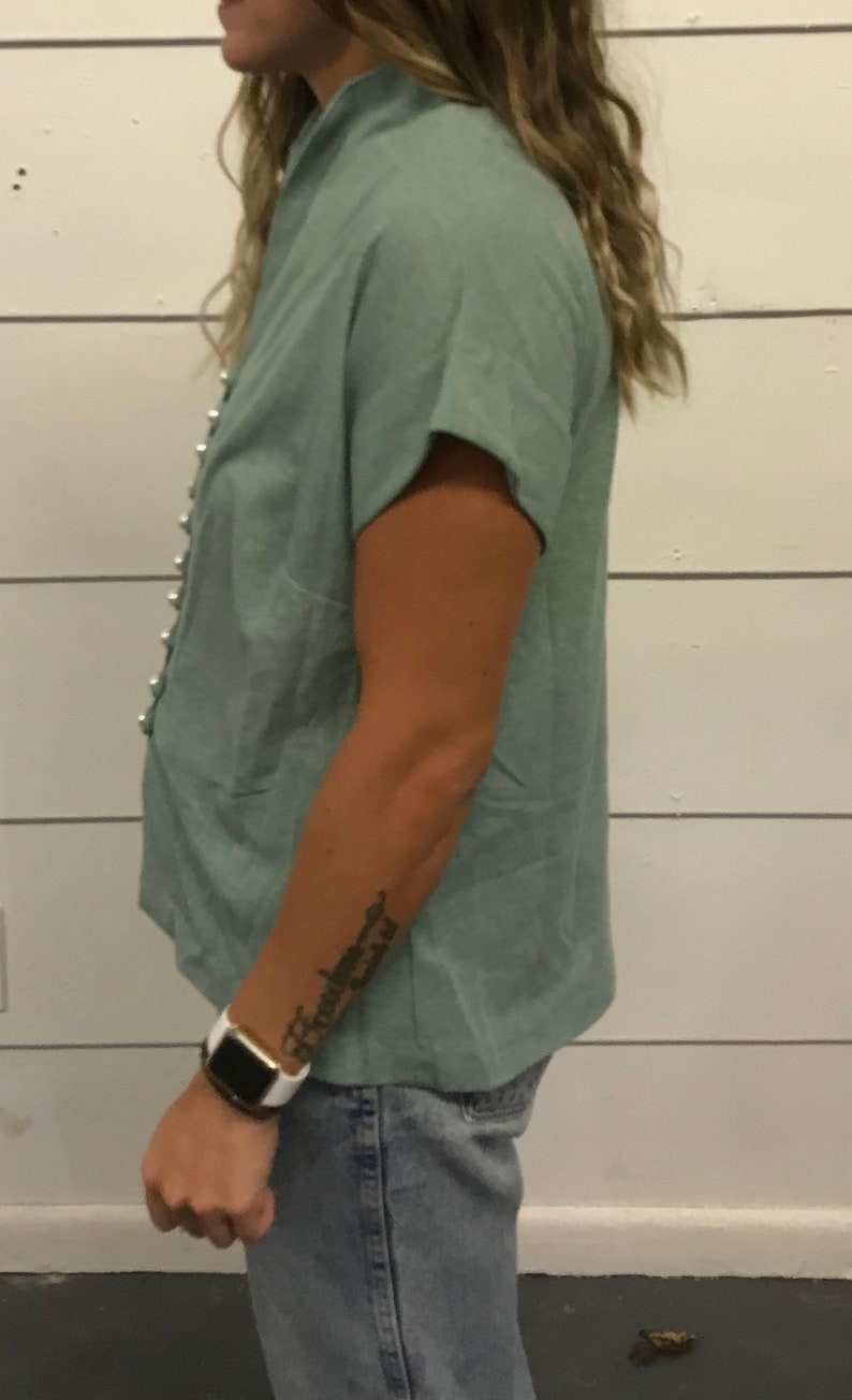 Vintage Asian Style Sage Green Faux Pearl Button up Blouse Women\u2019s SML