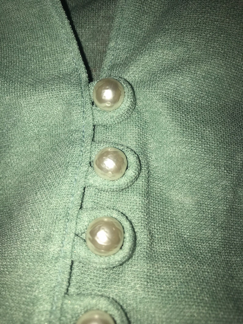Vintage Asian Style Sage Green Faux Pearl Button up Blouse Women\u2019s SML