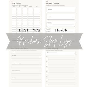 Può includere: Una pagina di pianificazione stampabile con sezioni per il monitoraggio del sonno, la routine del bambino, note di osservazione e un registro del sonno di 24 ore. Il testo BEST WAY TO TRACK Newborn Sleep Logs è sovrapposto al centro.