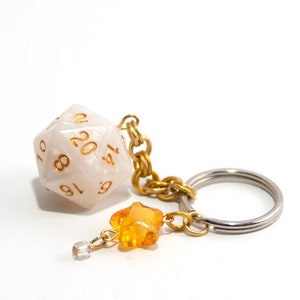White and Gold D20 Keychain - Tabletop Gaming Accessories