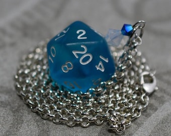 Sea Glass Blue D20 Dice Necklace - Tabletop Gaming Jewelry with Crystal Accents