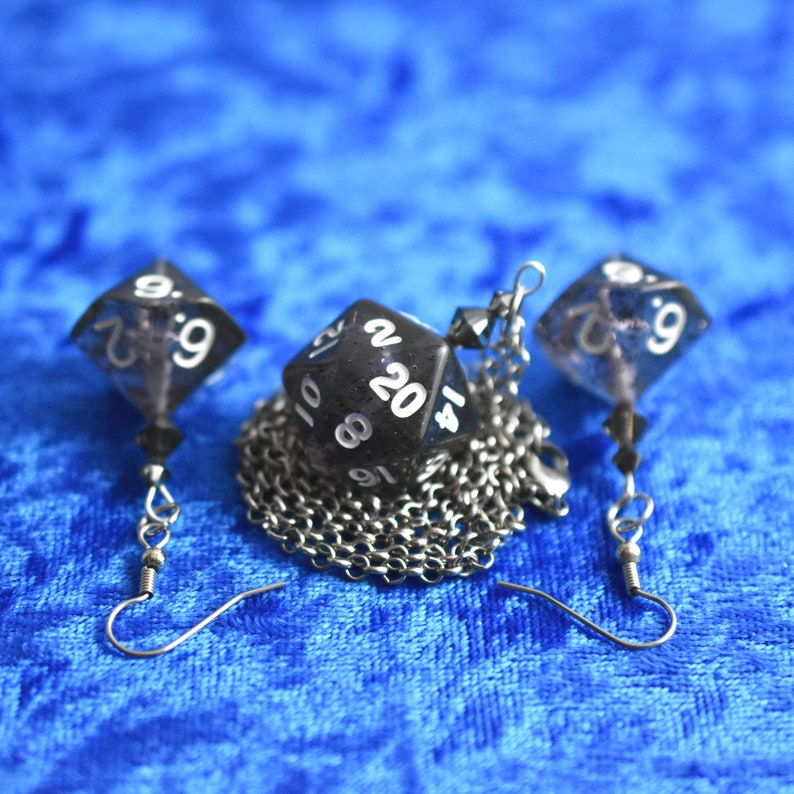 Black Glitter D10 and D20 Dice Earrings and Necklace Set Etsy