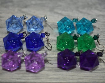 Custom Gamescience D20 Earring Pairs - Blue, Green, and Purple Dice Accessories