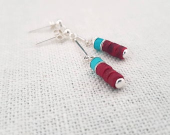 925 sterling silver Coral ,Turquoise earrings stud- sterling silver beads- Simple earrings