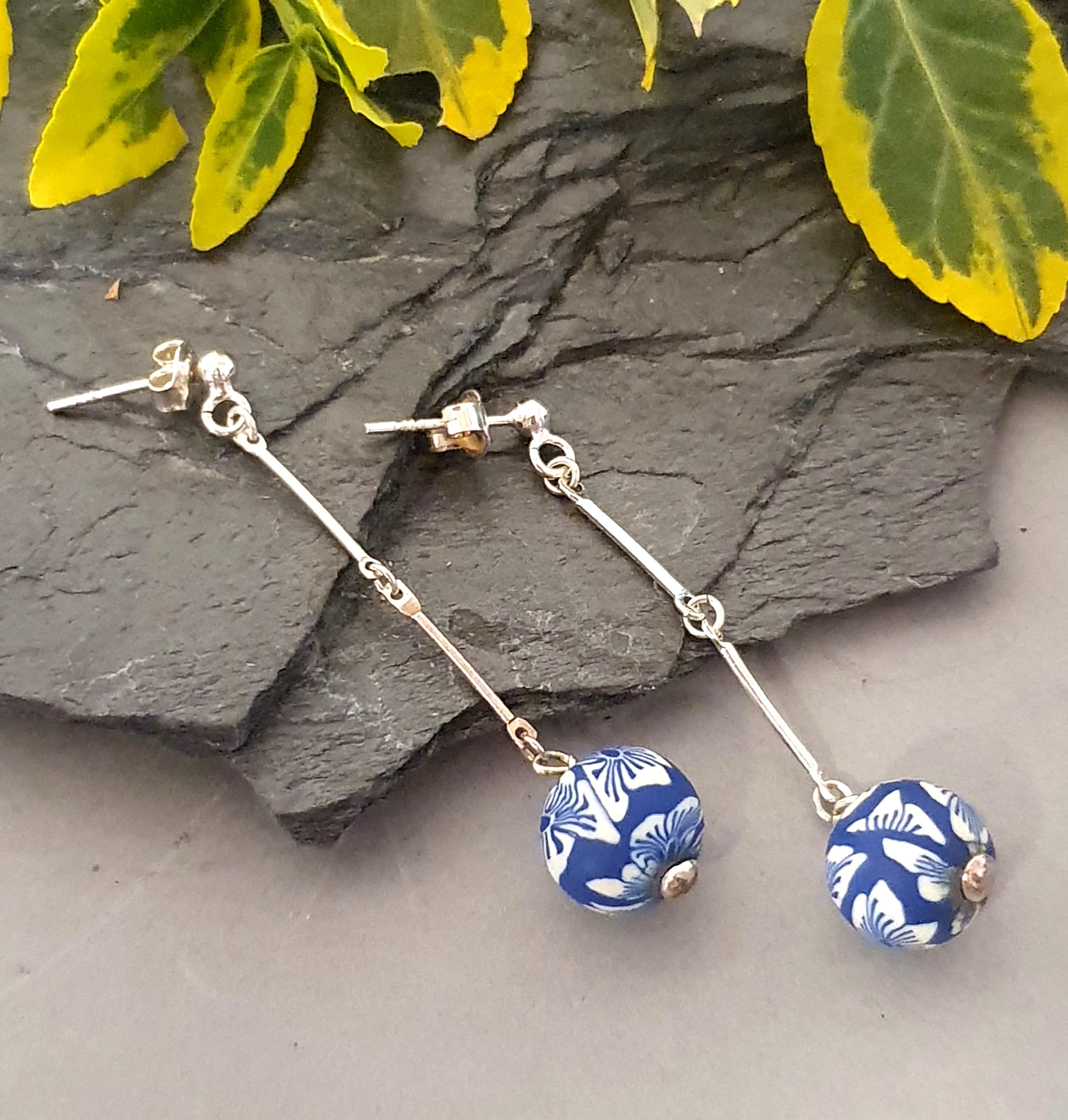 925 Sterling silver,Earrings with blue and white Ceramic beads ,Dangly earrings, Ceramic  earrings