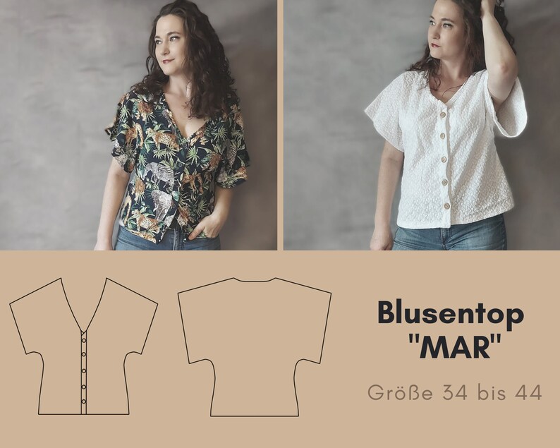 Blouse top Mar, pattern and sewing instructions in DIN A4 for printing size 34 to 44 image 1