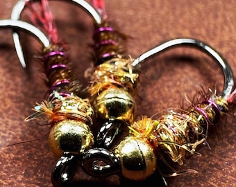 Fuchsia Frenchie Fly: Gold Tungsten Bead, Caddis Nymph (3 Pack)