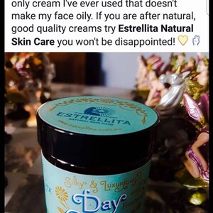 May include: A blue and gold jar of Estrellita Natural Skin Care Day Cream. The jar is labeled "Silky & Luxurious with Resveratrol".