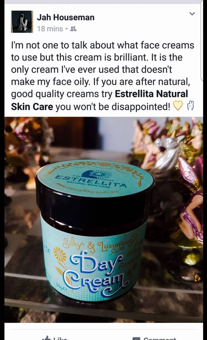 May include: A blue and gold jar of Estrellita Natural Skin Care Day Cream. The jar is labeled "Silky & Luxurious with Resveratrol".