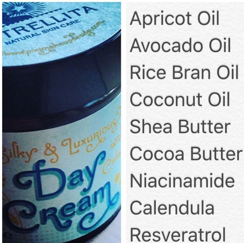 May include: A white jar with a blue and gold label that reads "Silky & Luxurious Day Cream". The jar is labeled with the brand name "TRELLITA" and the ingredients: Apricot Oil, Avocado Oil, Rice Bran Oil, Coconut Oil, Shea Butter, Cocoa Butter, Niacinamide, Calendula, and Resveratrol.