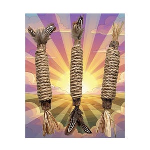 May include: Three cylindrical pet toys made of textured wood wrapped in thick tan rope. Each toy features decorative brown and white feathers at one end and light tan raffia-like fibres at the other end, arranged vertically against a sunset background.