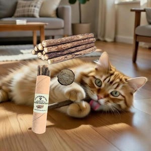 May include: An orange tabby cat plays with a wooden chew stick, with a roll of similar sticks and a stack of logs in the background. A roll of cat chew sticks is in the foreground. The cat is licking its tongue.
