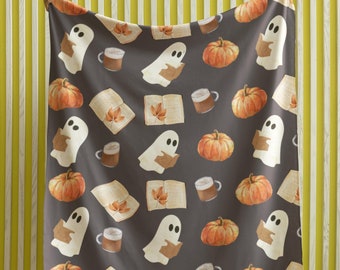 Fall Books Throw Blanket, Cozy Halloween Blanket, Book Lover Gift, Pumpkin Blanket, Ghost Blanket, Fall Gift, Cute Book Blanket, Girl Gift