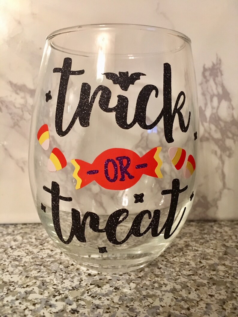 Trick or Treat Wine Glass Halloween Wine Glass Fall Wine image 0