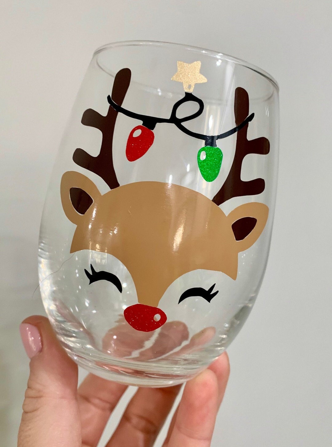 Reindeer Wine Glass, Cute Reindeer Wine Glass, Christmas Wine Glass