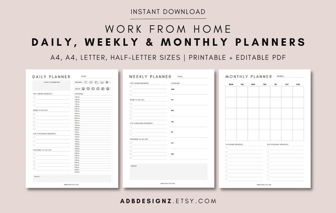 Work From Home Minimalist Planner, Daily Weekly Monthly Planner ...