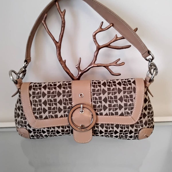 Baguette by The Sac Brown and Cream MonogramTop Handle Leather Trim ShoulderBag