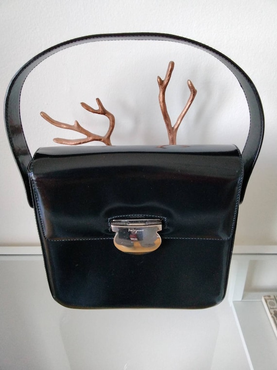 Salvatore Ferragamo Black Structured Top Handle Box Calf Bag 