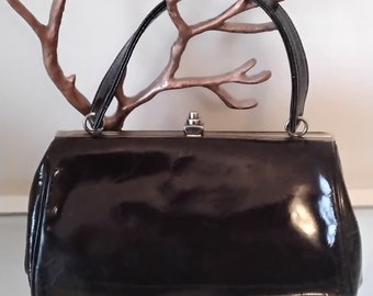 Vintage Black Patented Leather Faigen Kelly Top Handle Mini Bag
