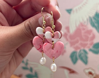 Dusty Pink and White Heart Earrings with Checkered and Marble Pattern and Drop Pearl Bead, Coquette Earrings