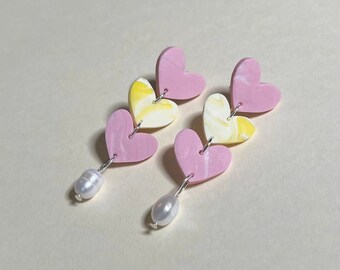 Pink and Yellow Heart Earrings, Drop Pearl Earrings, Heart Stud Earrings, triple heart layered earrings, Handmade polymer clay earrings