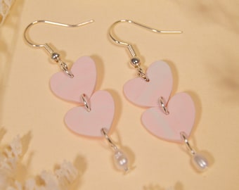 Pastel Pink Heart Earrings, Cute Drop Pearl Earrings, Danish Pastel Aesthetic, Double Heart Minimalist Earrings