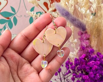 Pink and Yellow Marble Heart Earrings with Iridescent Heart Bead Charm, Romantic Ballet Aesthetic Hook Earrings
