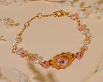 Eye Painting Beaded Bracelet, Pink and White Crystal Beaded Bracelet, Elegant Rose Gold Blush Pink Bracelet with Handmade Charm