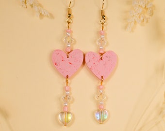 Pastel Pink Heart Earrings, Beaded Earrings, Fairycore Jewelry, Crystal Beads beaded earrings, Long Earrings, Danish Pastel Dangle Earrings