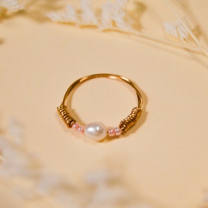 Pink and White Beaded Ring, Handmade Dainty Pastel Pink Ring