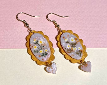 Flower Painting Earrings with Gold Frame, Marble Pattern Pretty Baroque Earrings, Blush Pink Earrings