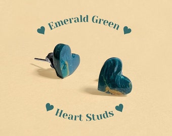 Emerald Green Heart Stud Earrings with Green and Gold Flecks, Minimalist Heart Earrings, Dainty Stud Earrings