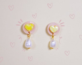 Dainty Pastel Pink and Yellow Studs with Pearl Beads, Small Round Stud Earrings with Heart Detail and Dangly Pearl, Romantic Earrings