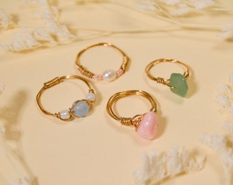 Set of 4 Pastel Gem and Crystal Rings, Moonstone Blue Gem Ring, Jade Green Crystal Ring, Marble Pink Stone Ring, Pink and White Beaded Ring