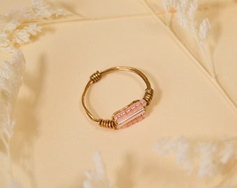 Pink and White Beaded Ring, Handmade Wire Pastel Pink Ring