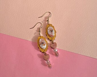 Painted Eye Earrings with Crystal Beads and Heart Charms, Baroque Earrings, Vintage Blush Pink Earrings