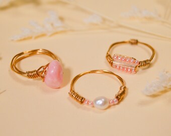 Set of 3 Dainty Pink Rings, Handmade Beaded Ring, Wire Wrapped Crystal Ring and White and Pink Beaded Ring