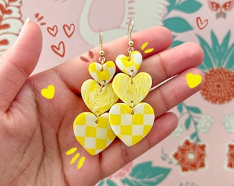 Yellow Heart Shaped Earrings with two Checkered Hearts and a Marbled Heart, Triple Heart Dangle Earrings, Handmade Polymer Clay