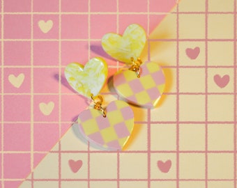 Checkered Heart Earrings, Stacked Heart Earrings, Crystal Yellow Heart and Pastel Yellow and Pink Check Heart Stud Earrings