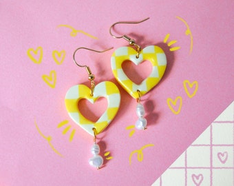 Checkered Heart Cut-Out Earrings, Pastel Yellow and White Check Heart Earrings, Dansih Pastel Aesthetic Beaded Earrings