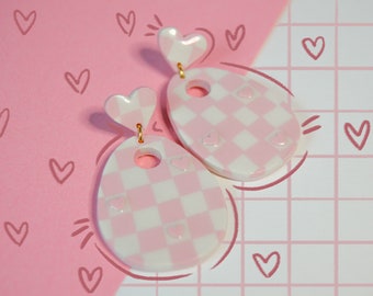 60s Inspired Checkered Earrings with Dainty Heart Details, Pink and White Checkerboard Heart Earrings, Danish Pastel Aesthetic Studs